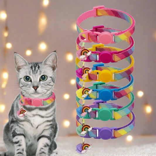 Vibrant Rainbow Cat Collar with Bell